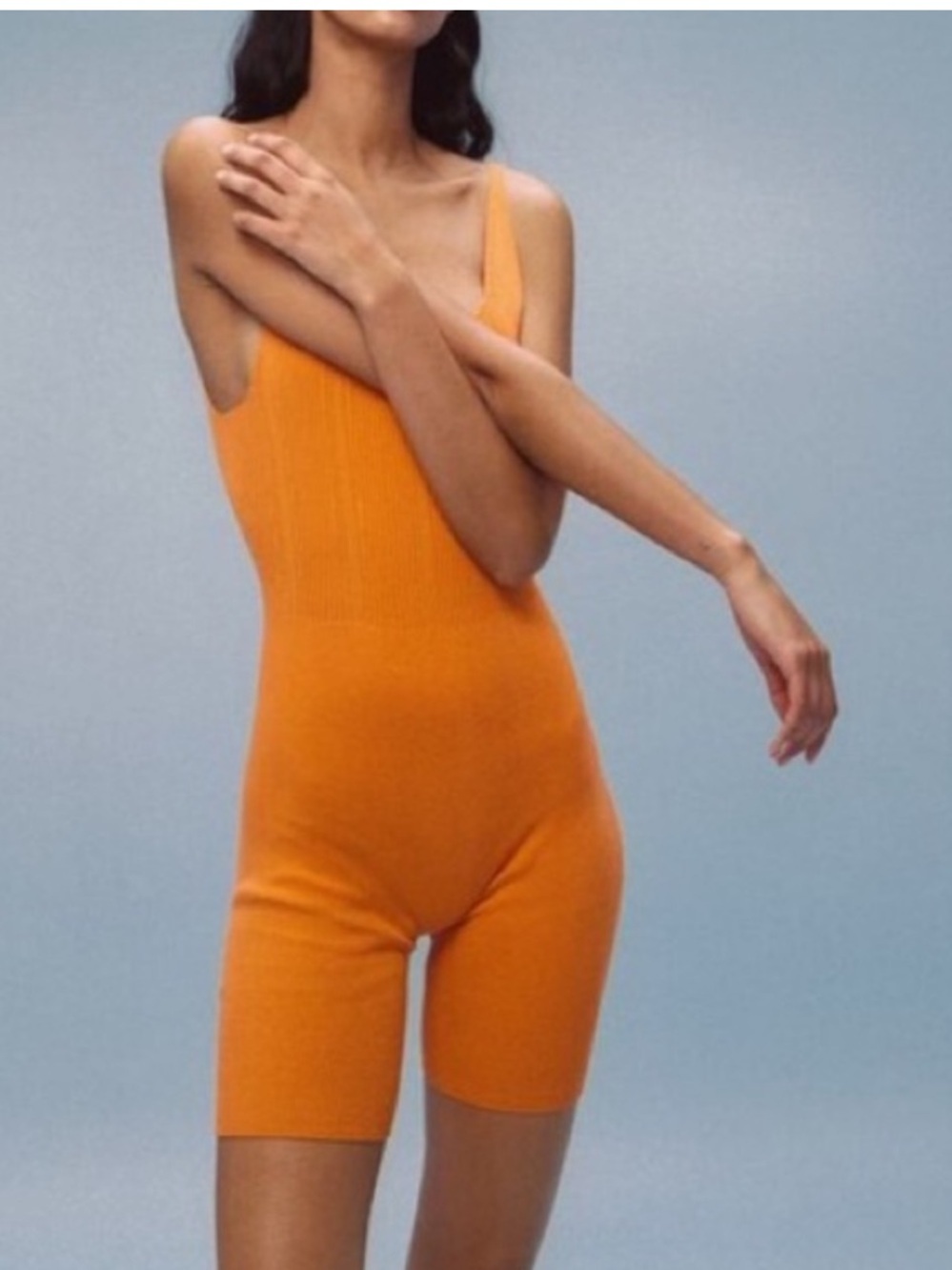 Zara Bright Orange Ribbed Knit Romper Jumpsuit. Size Large. NWT